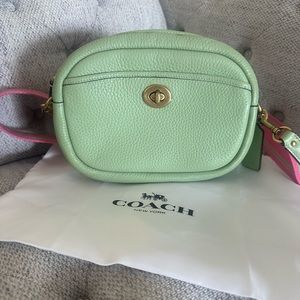 Coach green and pink leather cross body camera bag